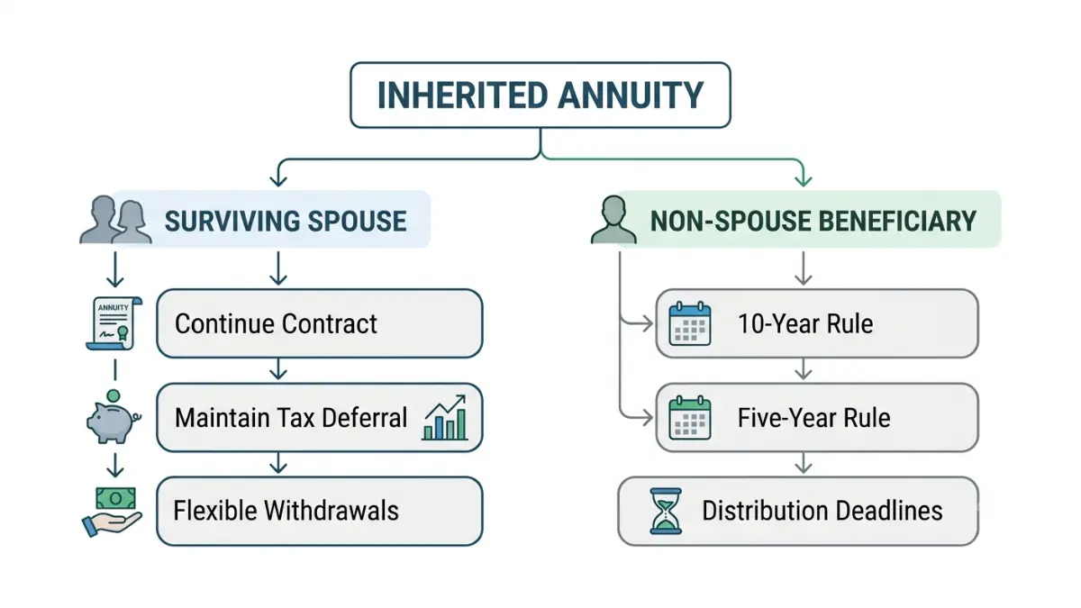 inherited annuity spouse vs non-spouse beneficiary rules showing continuation options, withdrawal requirements, and tax deadlines