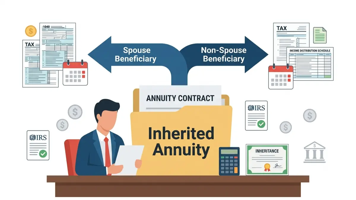 inherited annuity tax guide showing spouse and non-spouse beneficiary options, payout choices, and tax implications