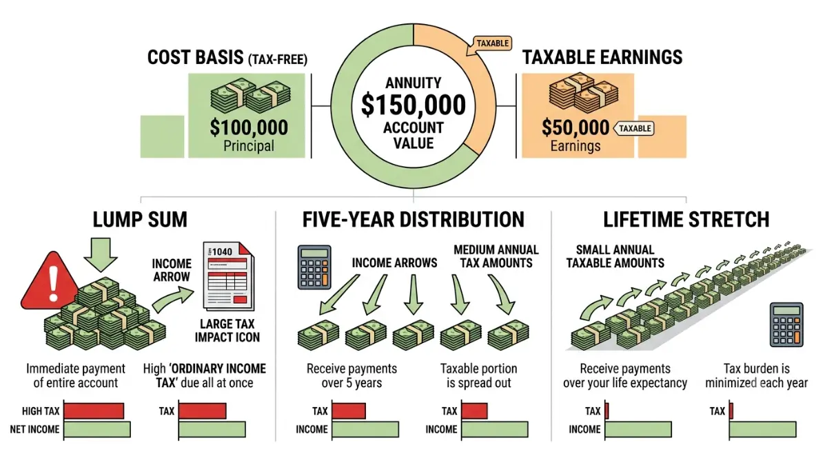 inherited annuity taxable earnings calculation example showing cost basis, taxable growth, lump sum payout, and distribution strategies