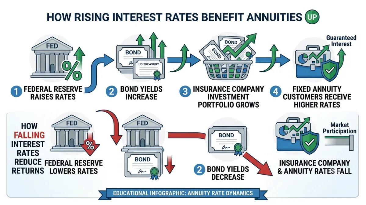 interest rates influencing annuity sales through insurer bond yields and higher guaranteed returns illustrated in a professional vector graphic