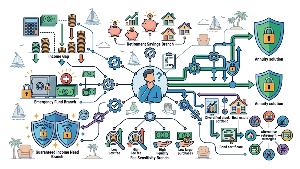 annuity decision framework illustration showing retirement income needs, liquidity considerations, savings goals, and guarantee requirements