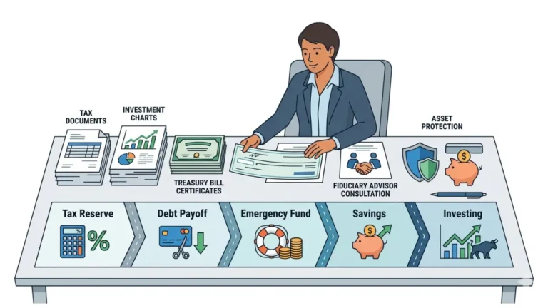 Large Settlement financial planning roadmap showing tax reserves, savings protection, debt payoff, and investment decisions after receiving settlement funds