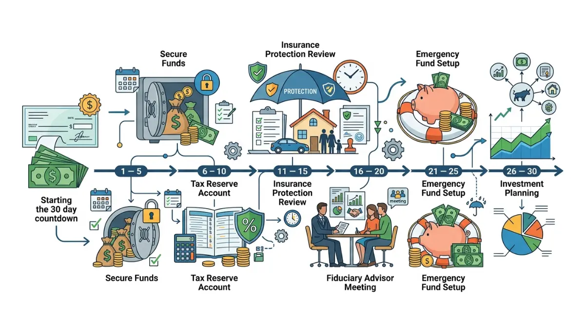 Large Settlement first 30 days action plan featuring tax reserves, account protection, professional advice, emergency savings, and investment preparation