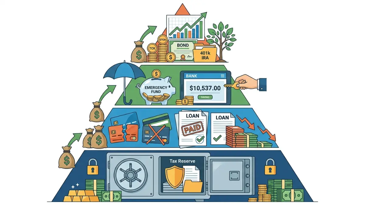Large Settlement financial priority pyramid showing tax reserves, debt payoff, emergency savings, and diversified investments in proper order