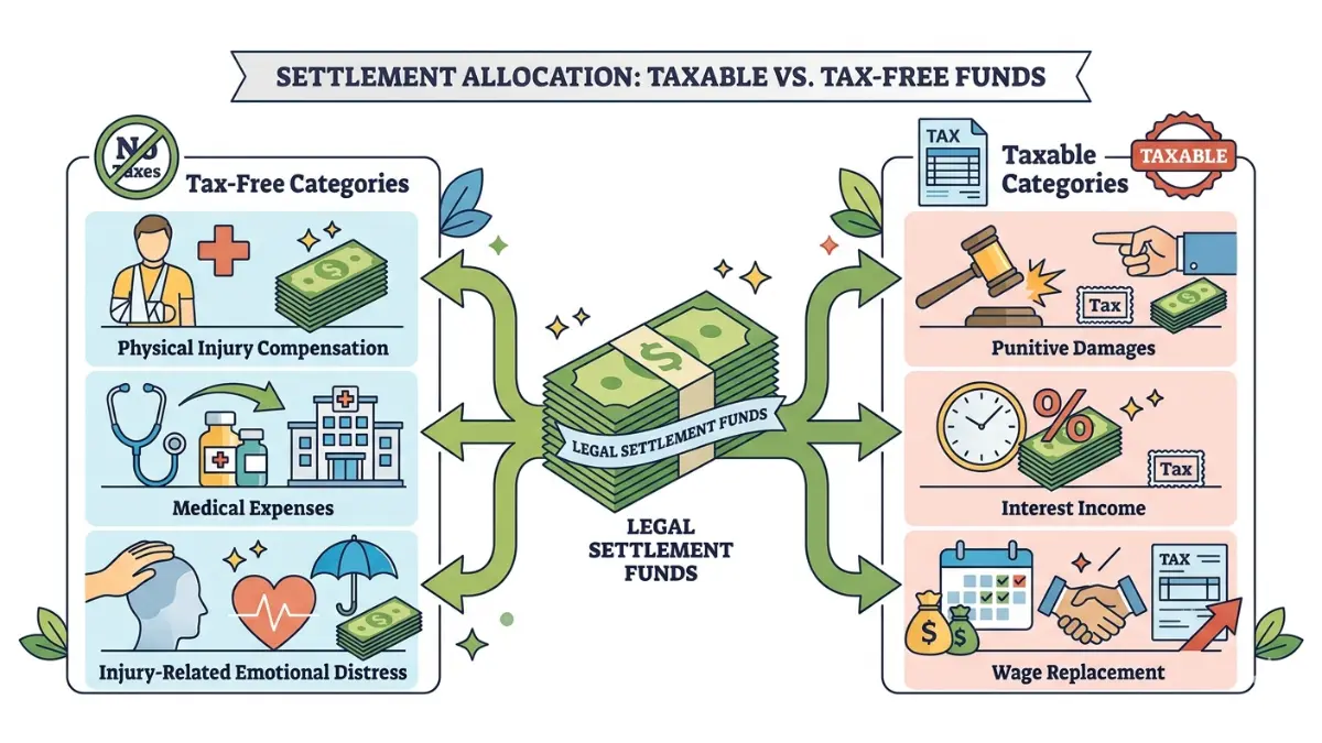 Large Settlement allocation diagram showing tax-free injury compensation compared with taxable punitive damages, interest income, and wage-related payments