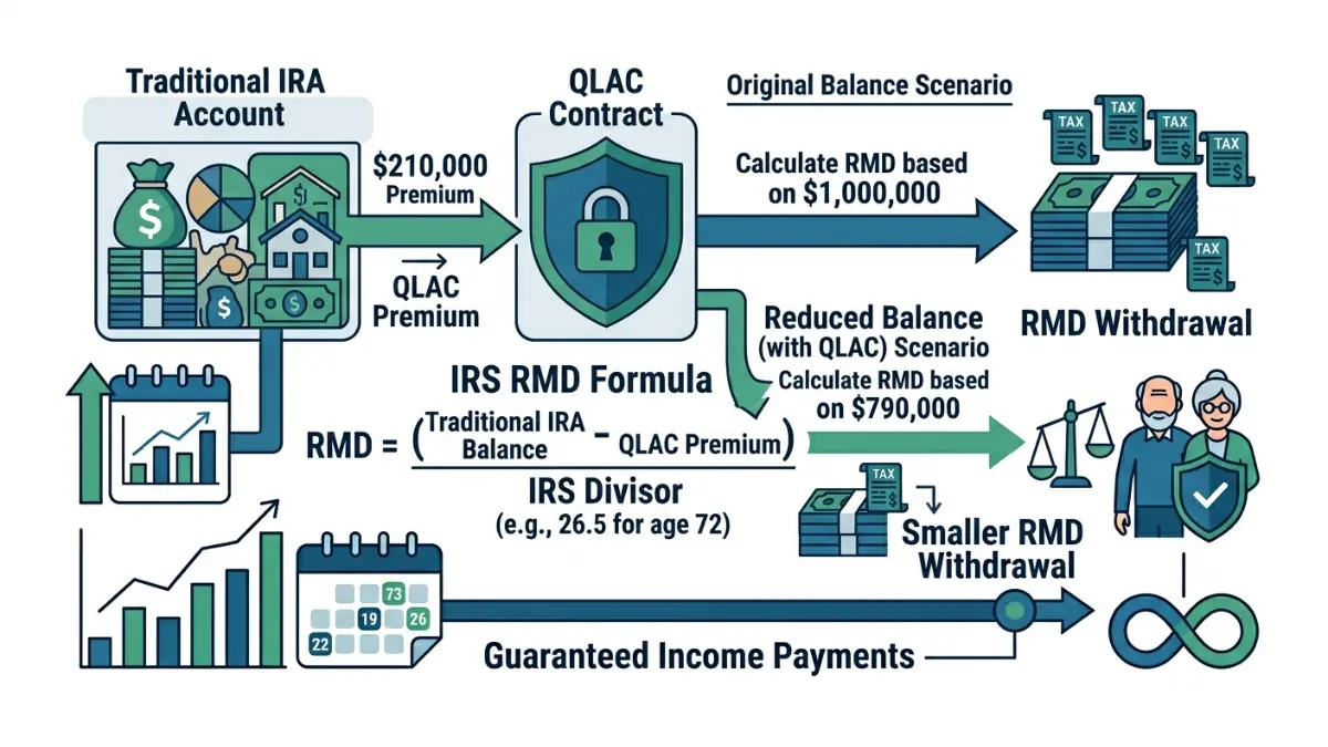 QLAC account balance exclusion illustration showing how retirement funds are removed from RMD calculations