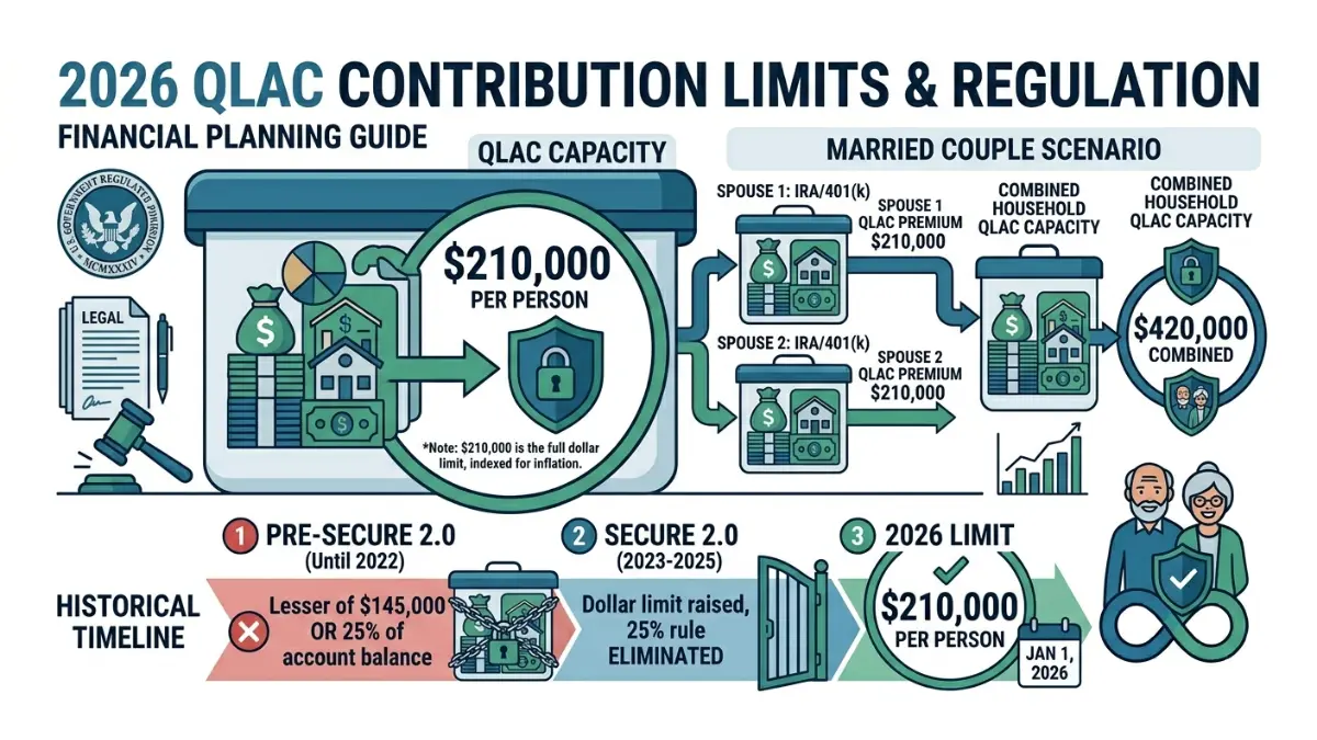 QLAC contribution limit illustration showing the 2026 $210,000 lifetime premium cap per person