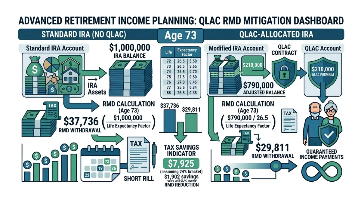 QLAC worked example illustration comparing RMD amounts before and after a QLAC purchase