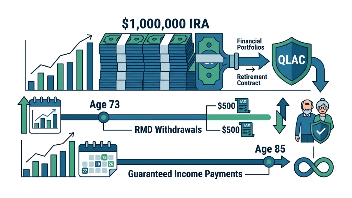 QLAC illustration showing retirement account balance, reduced RMD withdrawals, and guaranteed future income strategy