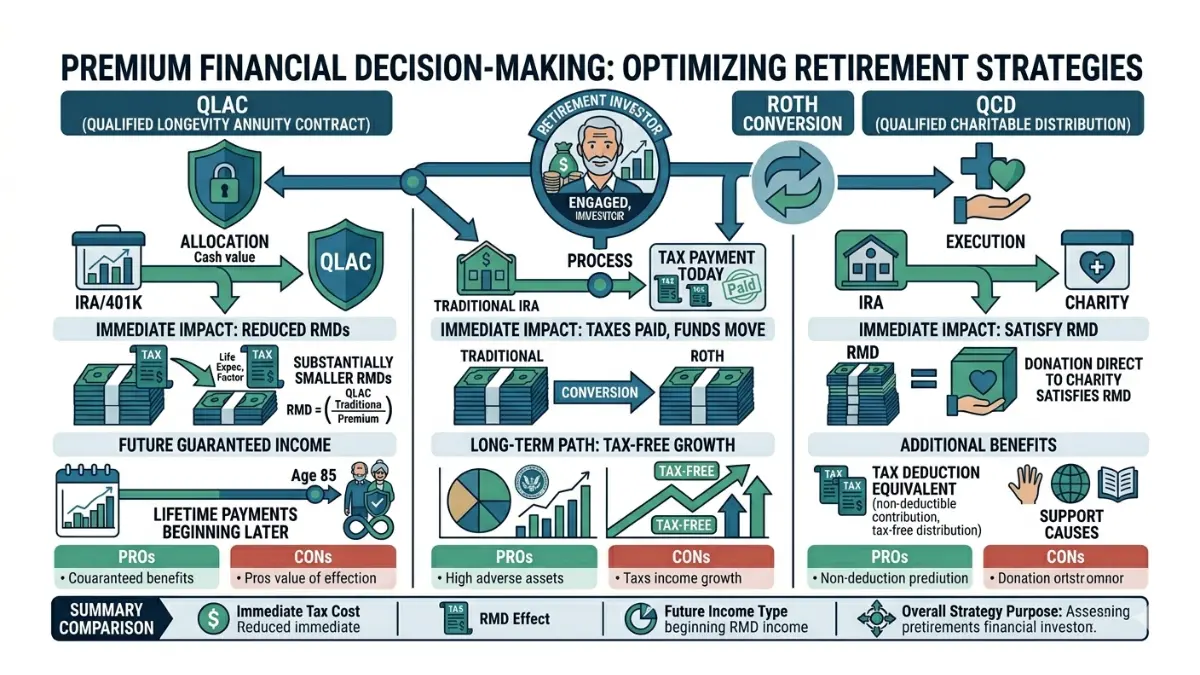 QLAC comparison illustration showing QLAC versus Roth conversion and QCD strategies for reducing RMD taxes