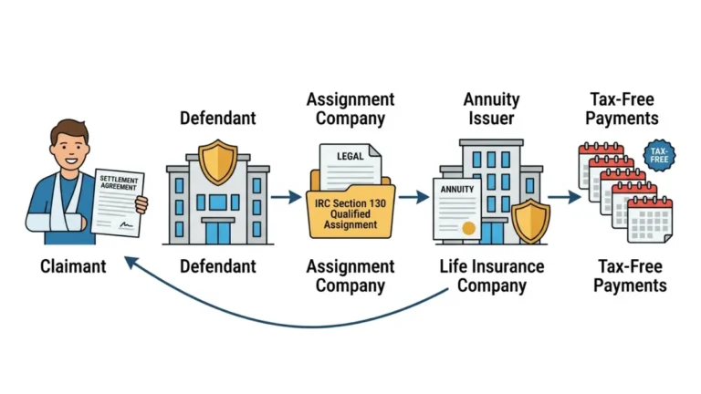 Qualified Assignment structured settlement process showing claimant, defendant, assignment company, annuity issuer, and tax-free payment flow