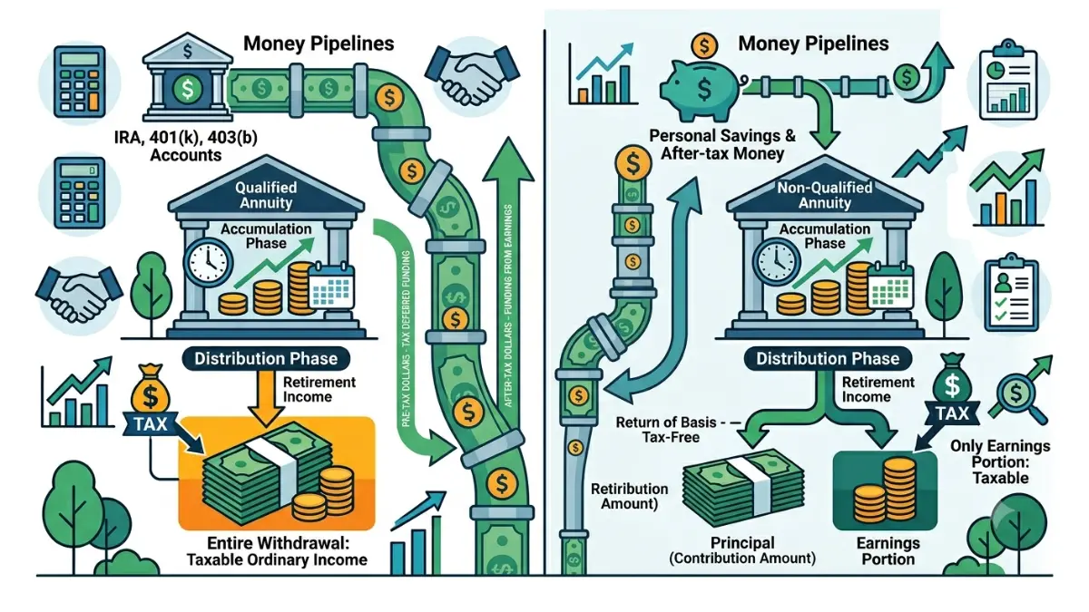 Qualified vs Non-Qualified Annuity funding sources showing pre-tax retirement accounts versus after-tax personal savings contributions