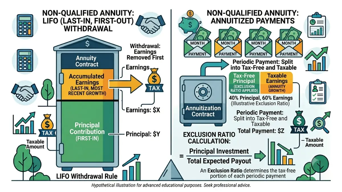 Qualified vs Non-Qualified Annuity illustration explaining LIFO withdrawals and exclusion ratio taxation for annuitized payments