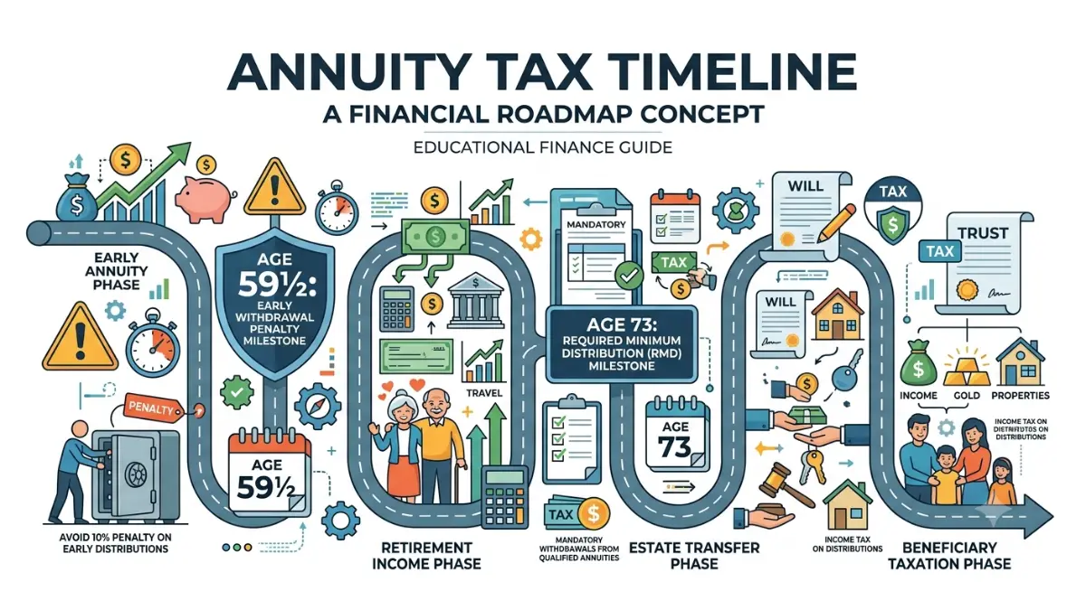 Qualified vs Non-Qualified Annuity timeline showing age 59½ penalty rules, age 73 RMD requirements, and beneficiary taxation milestones