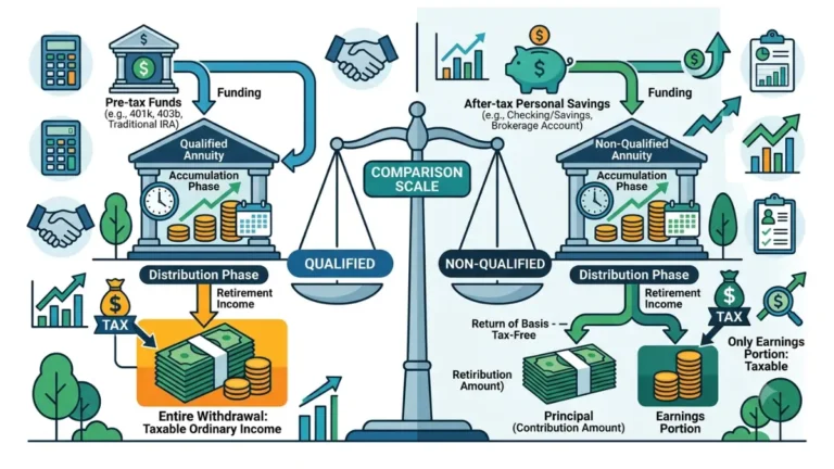 Qualified vs Non-Qualified Annuity comparison showing how qualified annuities tax the entire withdrawal while non-qualified annuities tax only earnings