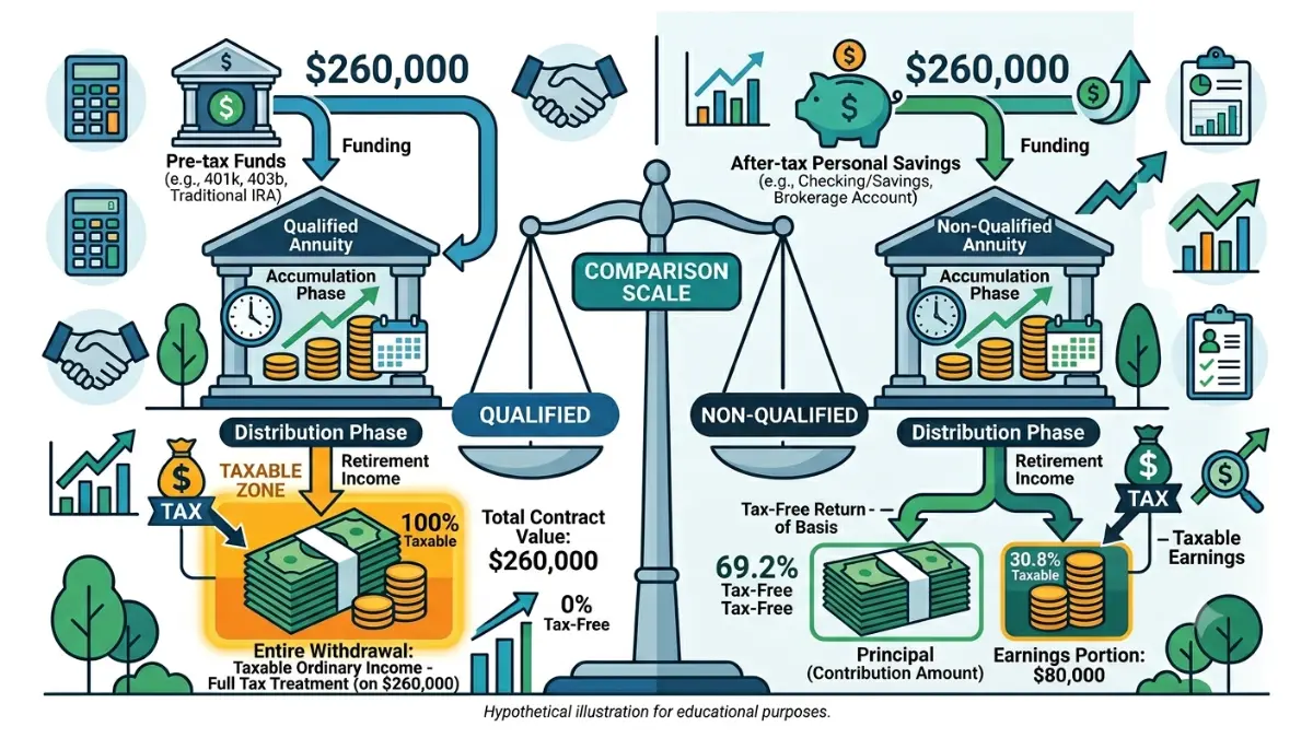 Qualified vs Non-Qualified Annuity withdrawal taxation showing full taxation for qualified contracts and earnings-only taxation for non-qualified contracts