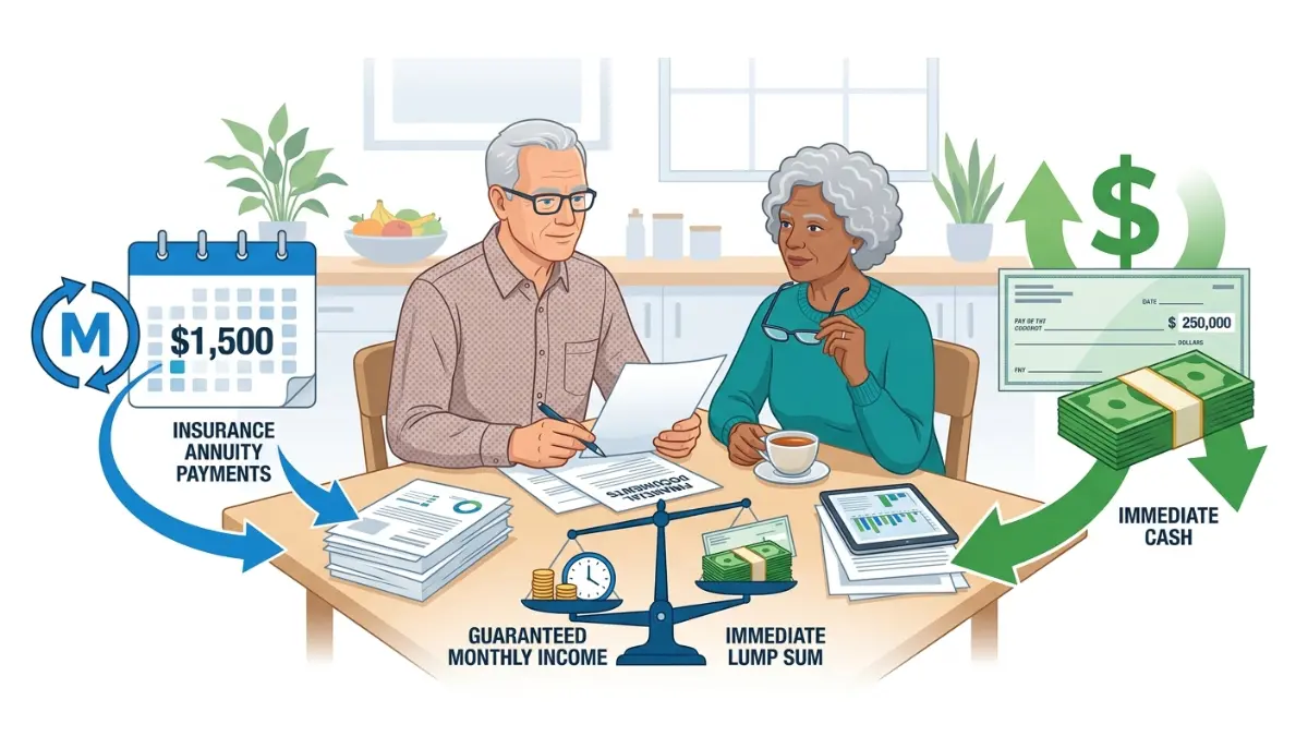 Retiree comparing guaranteed structured settlement payments with a lump sum cash offer during retirement planning