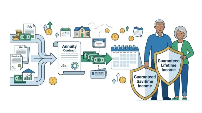 Retirement Income illustration showing retirement savings converted into guaranteed lifetime monthly income through an annuity for a retired couple.