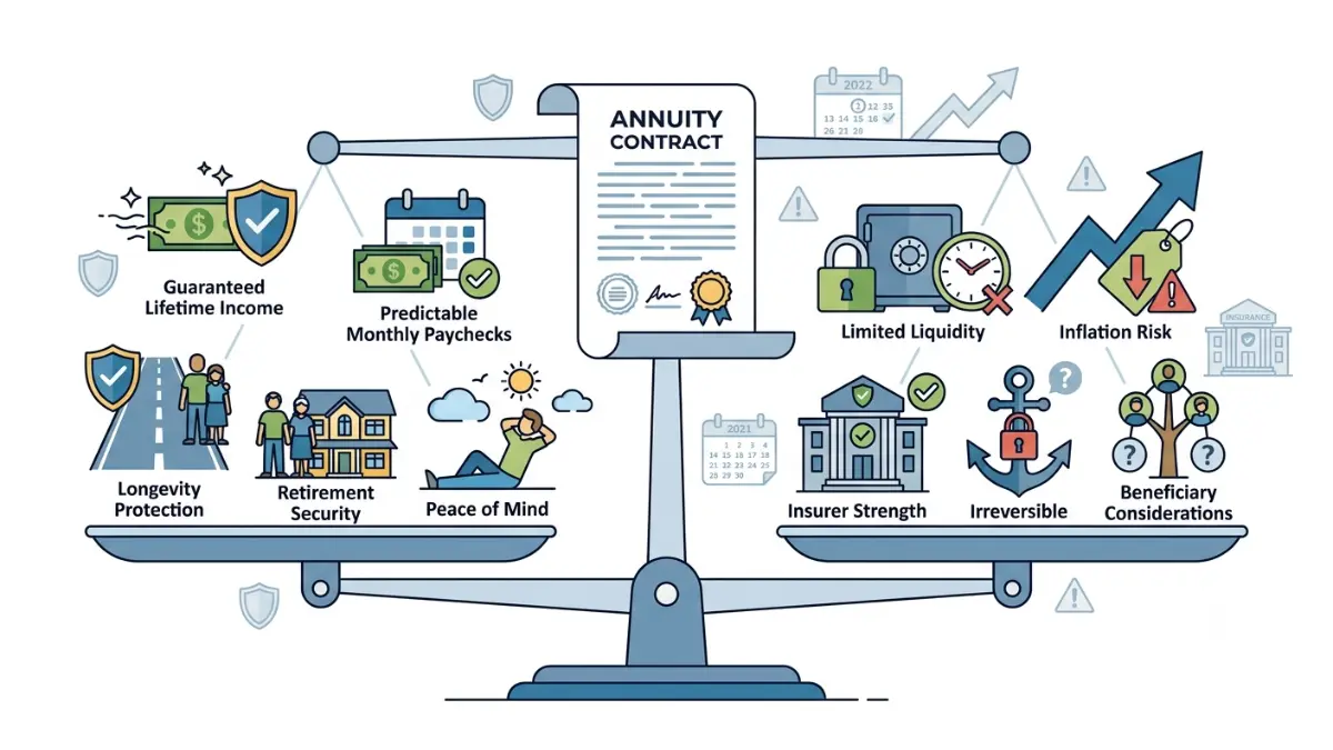 Retirement Income illustration comparing the benefits and tradeoffs of annuities including guaranteed income, liquidity, inflation, and insurer strength.