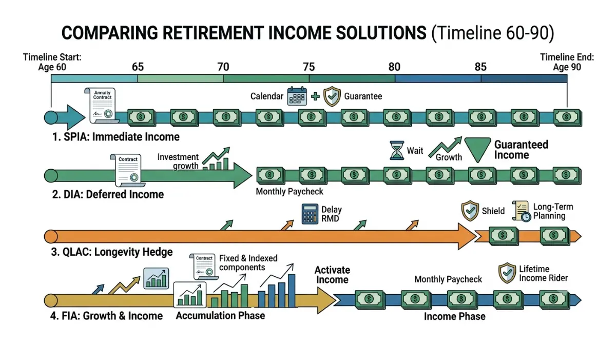 Retirement Income timeline comparing SPIA, DIA, QLAC, and fixed indexed annuities with lifetime income options.