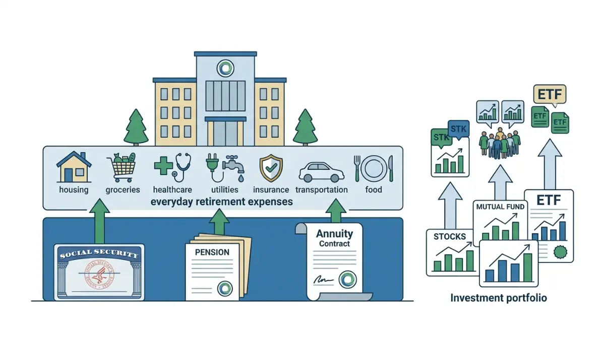 Retirement Income illustration explaining the income floor strategy using Social Security, annuities, pensions, and investments to cover essential retirement expenses.