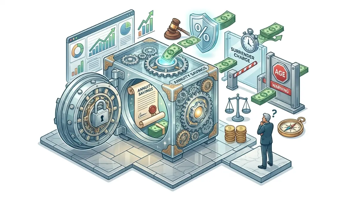 RILA Annuity illustration showing taxes surrender charges and withdrawal restrictions on retirement savings