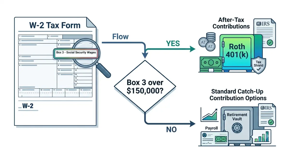 401(k) contribution Limits explaining the 2026 Roth catch-up contribution requirement for high-income employees using W-2 Box 3 income.