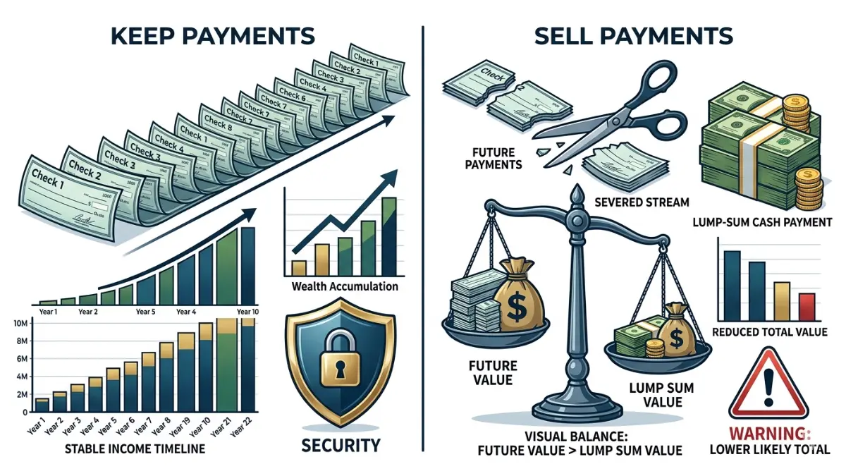Comparing keeping settlement payments versus selling them and the impact on long-term net worth
