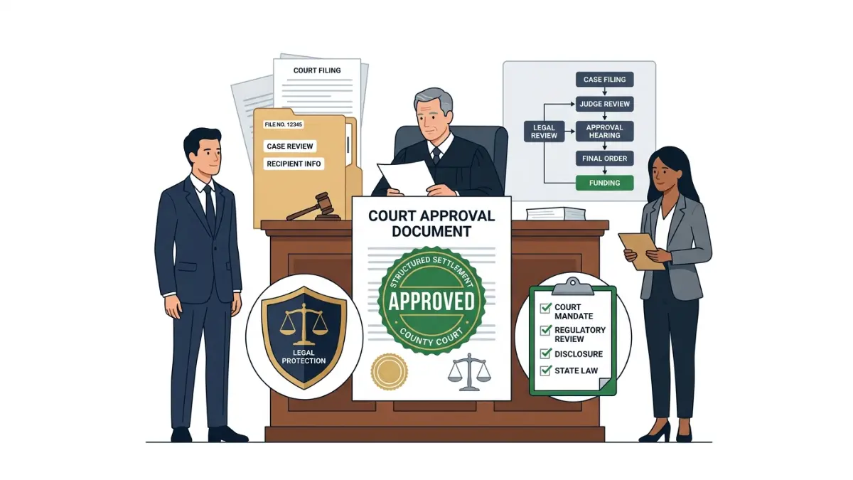 Structured settlement factoring court approval illustration showing a judge reviewing a transfer agreement and legal protections
