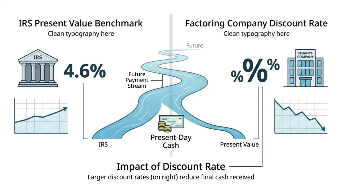 Structured settlement factoring discount rate illustration comparing the IRS benchmark rate with a buyer's higher discount rate