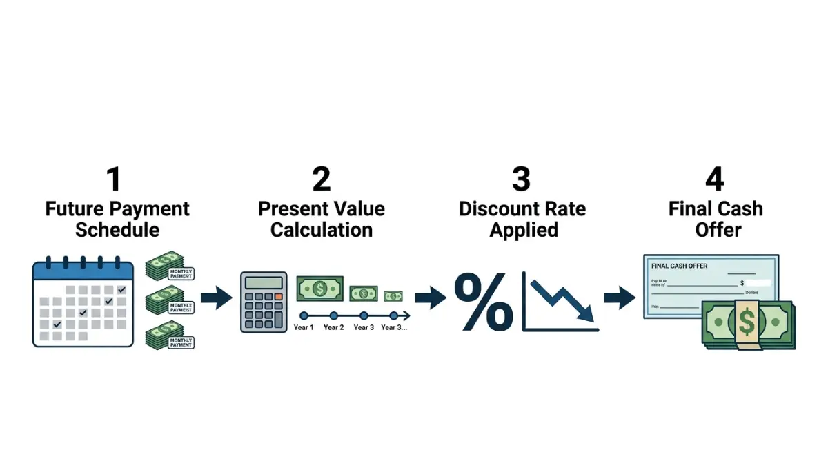 Structured settlement factoring process illustration showing payment schedule, present value calculation, discount rate adjustment, and final cash offer