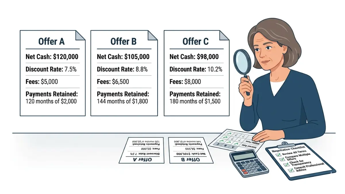 Structured settlement factoring comparison illustration showing multiple offers evaluated by net cash, fees, discount rate, and retained payments