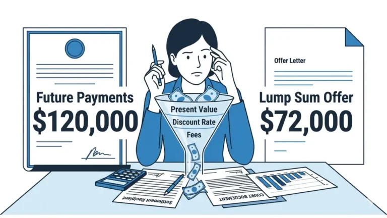 Structured settlement factoring illustration showing future settlement payments compared with a lower lump-sum offer after present value, discount rate, and fees are applied
