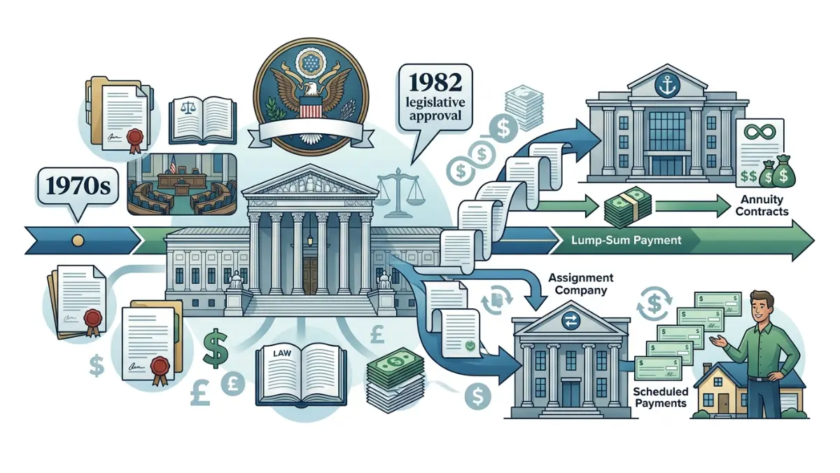 Structured settlement law history illustration showing the 1982 federal legislation that created the modern structured settlement industry