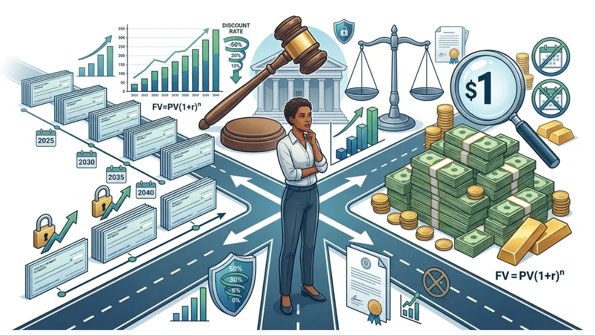 Structured settlement law history illustration showing a decision between future payments and a lump-sum buyout offer