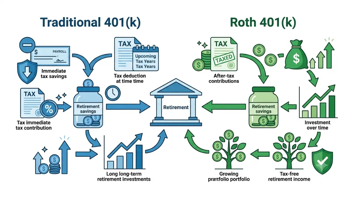 401(k) Traditional vs Roth comparison illustration showing different tax treatments, retirement savings growth, and future withdrawal benefits