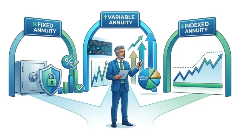 Types of annuities comparison showing fixed annuity, variable annuity, and indexed annuity paths for retirement planning