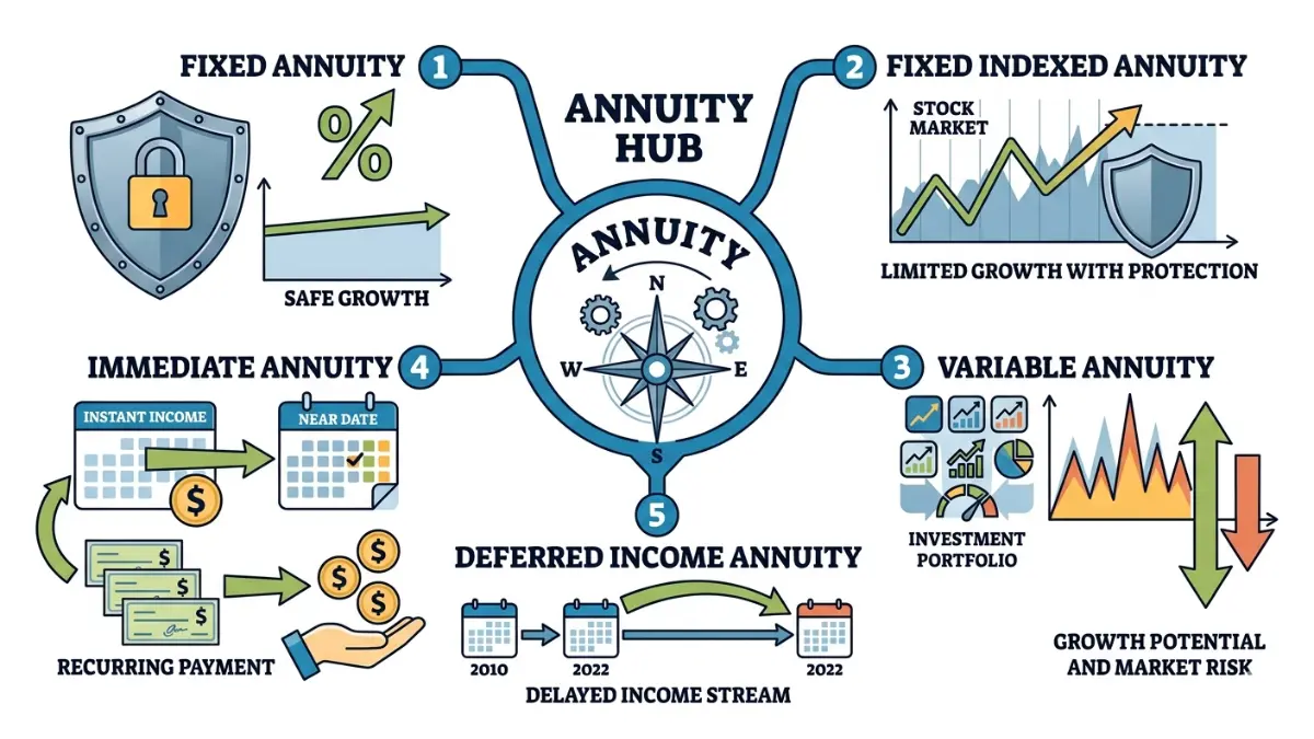 annuity comparison illustration showing fixed annuities, fixed indexed annuities, variable annuities, immediate annuities, and deferred annuities