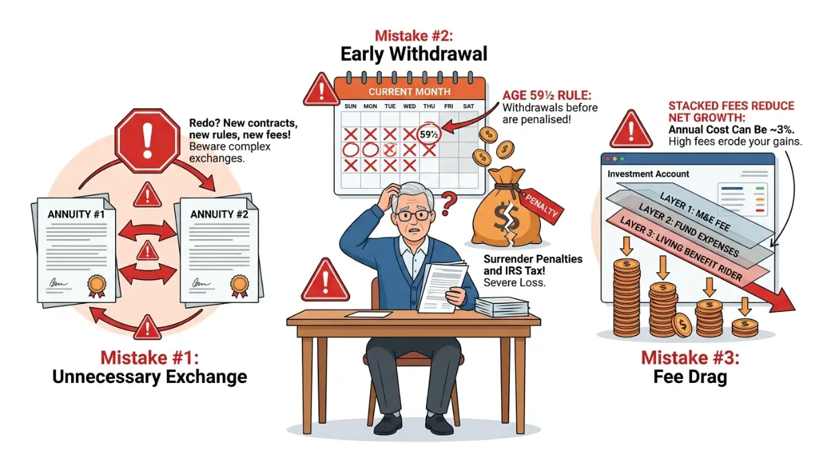 variable annuity mistakes illustration showing surrender charges, unnecessary exchanges, early withdrawals, and fee drag risks