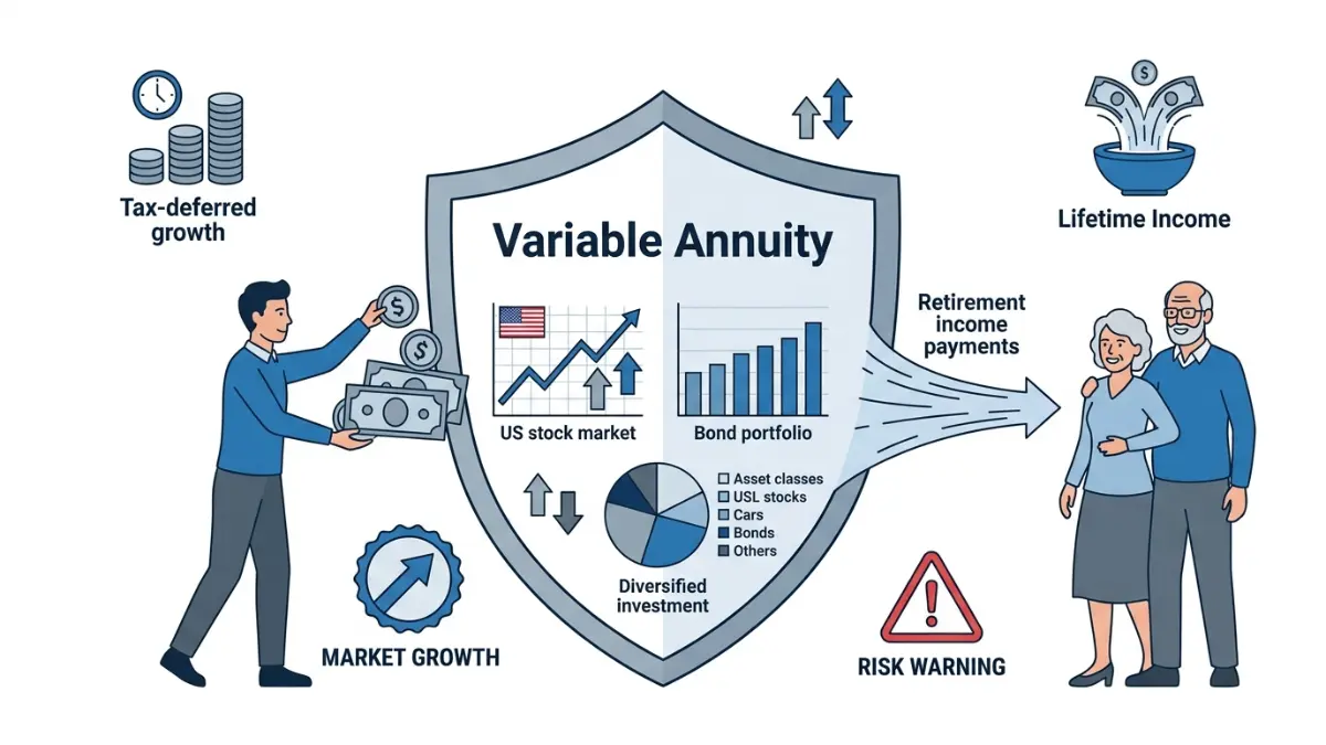 variable annuity illustration showing market growth, investment subaccounts, tax-deferred accumulation, and retirement income stream