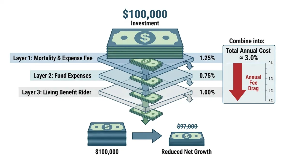 variable annuity fee breakdown illustrating mortality and expense charges, fund expenses, rider costs, and total annual fee drag