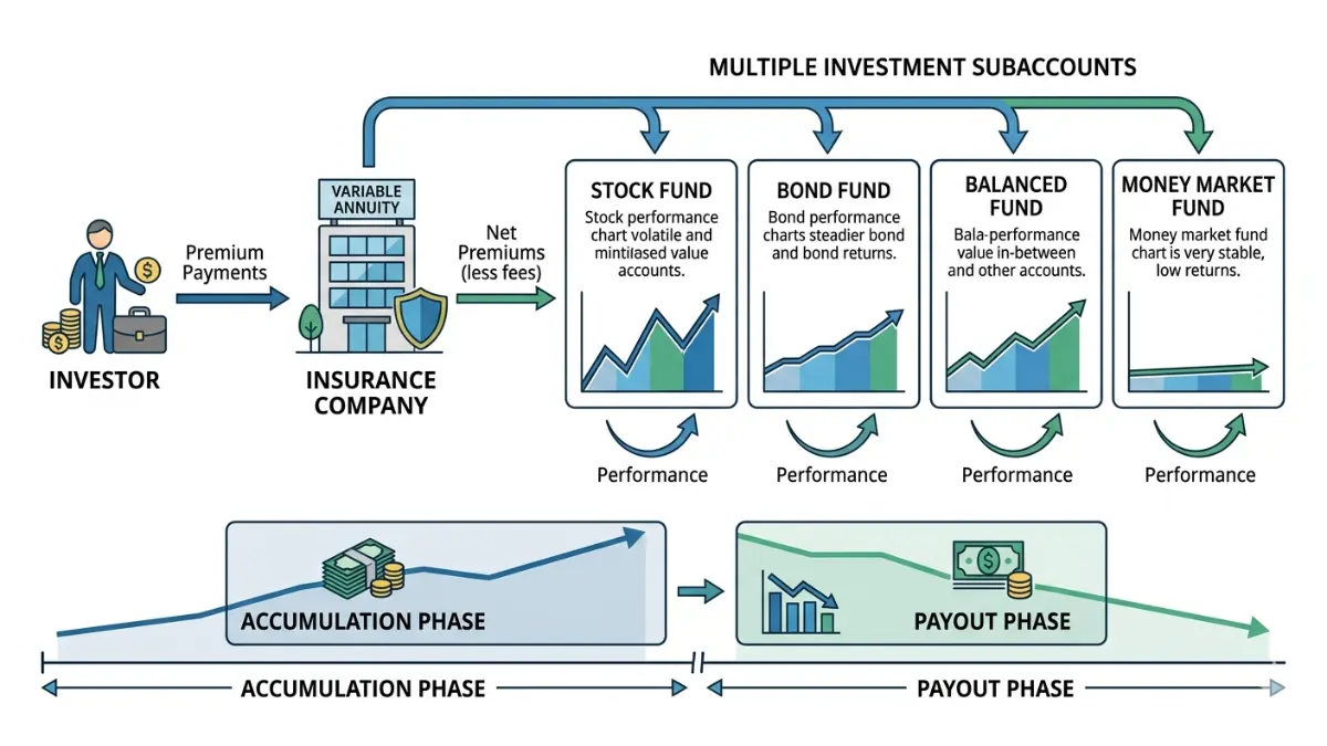 variable annuity subaccounts diagram showing investor funds flowing into stock, bond, balanced, and money market investments