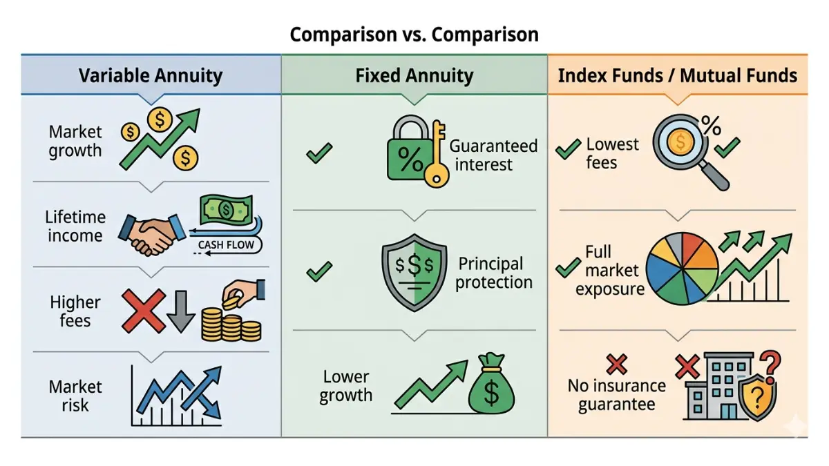 variable annuity comparison chart versus fixed annuity and index funds highlighting growth, risk, fees, and guarantees