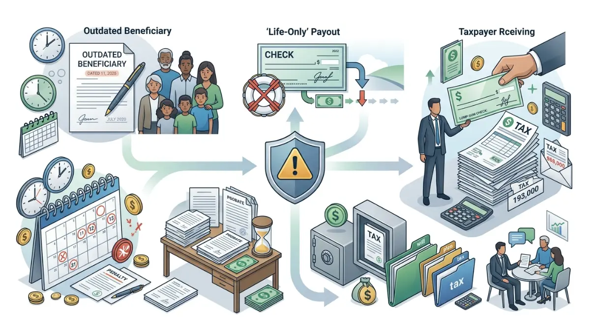 What Happens to an Annuity When You Die illustrated with the most common inheritance mistakes including outdated beneficiaries, taxes, probate, and missed deadlines.