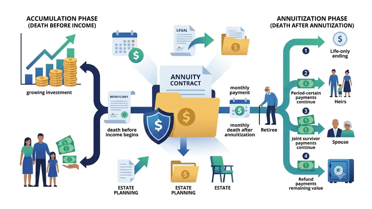 What Happens to an Annuity When You Die visualized as a decision tree comparing death during the accumulation phase versus after annuitization with inheritance outcomes.