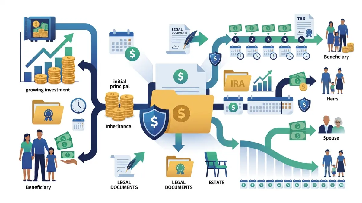 What Happens to an Annuity When You Die explained with a timeline showing the 5-year rule, 10-year rule, lifetime stretch options, and beneficiary distributions.
