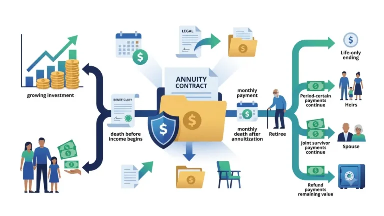 What Happens to an Annuity When You Die illustrated with an annuity contract branching into beneficiary inheritance options before and after annuitization on a clean white background.