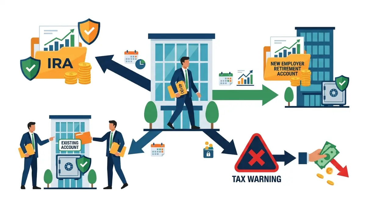 401(k) rollover options illustration showing retirement account choices after leaving a job including IRA rollover, new employer plan, keeping the account, or cashing out