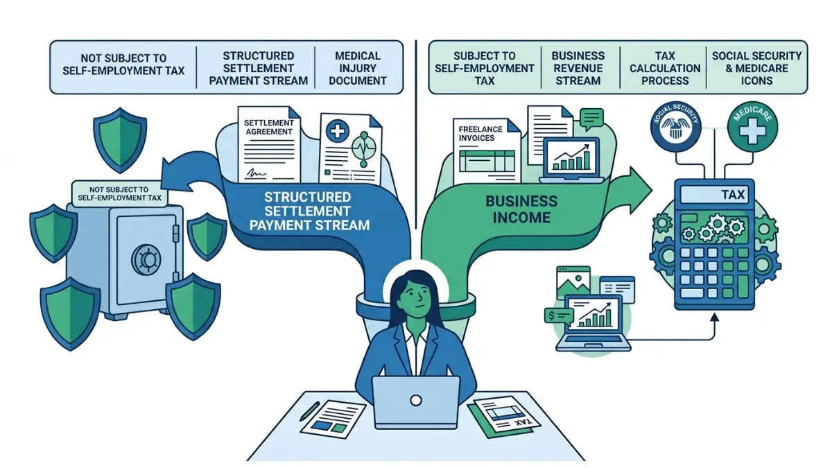 Visual explanation showing why structured settlement payments are excluded from self-employment tax while business income remains taxable