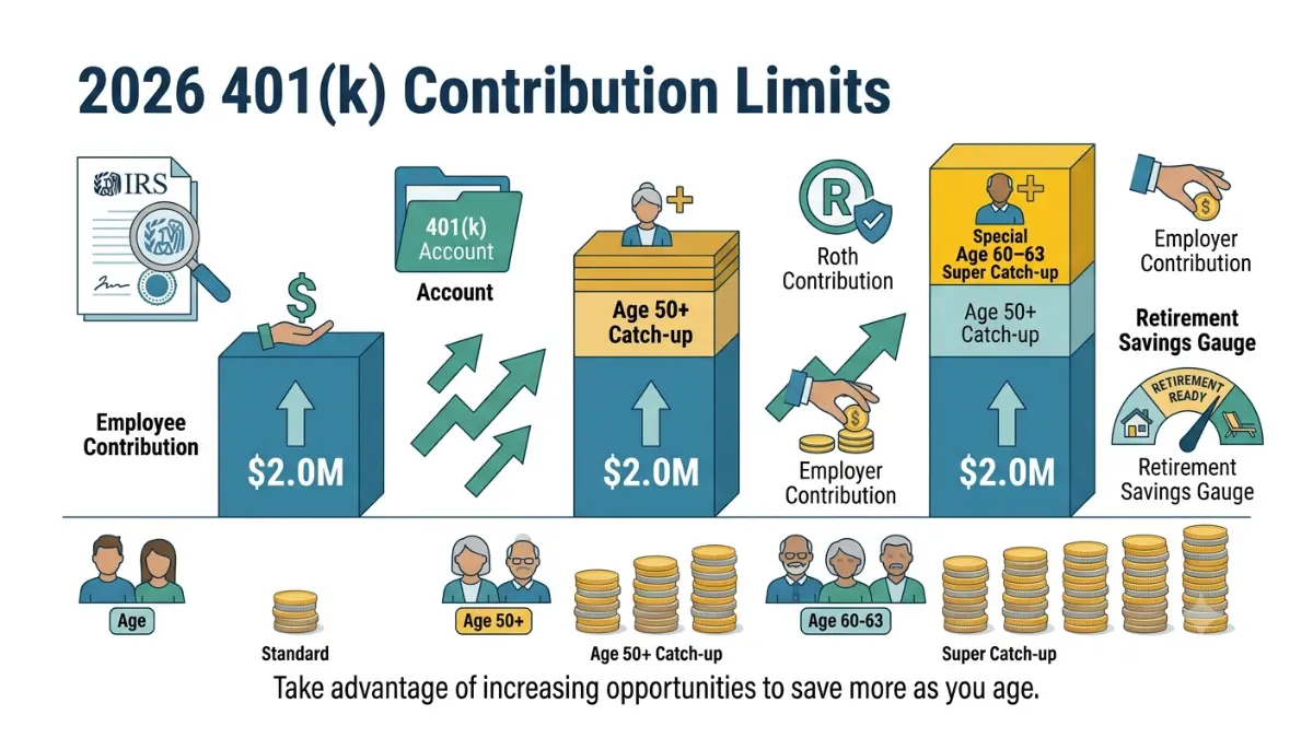 Average 401(k) Balance and 2026 contribution limits illustrated with standard and catch-up contribution tiers